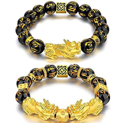 CASDAN 2Pcs Feng Shui Good Luck Bracelets for Men Women Obsidian Bead Chinese Dragon Lucky Charm Bracelet Pixiu Pi Yao Attract Wealth Money Feng Shui Jewelry