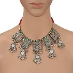 Zephyrr Necklace Carved German Silver Choker Green & Red Beaded Mirror & Enamel for Women and Girls