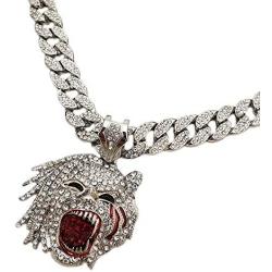 Hip Hop Half Man Half Beast Pendant & 18'' Full Iced Cuban Choker Chain Necklace