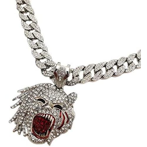 Hip Hop Half Man Half Beast Pendant & 18'' Full Iced Cuban Choker Chain Necklace