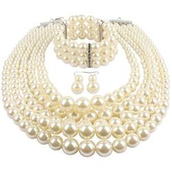 Shineland Elegant Multilayers Simulated Pearl Strand Cluster Collar Bib Choker Costume Jewelry Sets