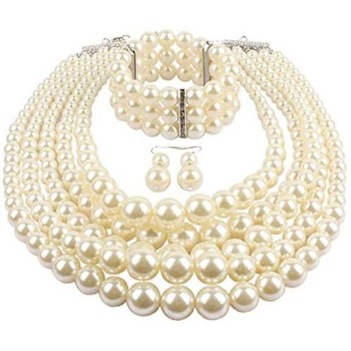 Shineland Elegant Multilayers Simulated Pearl Strand Cluster Collar Bib Choker Costume Jewelry Sets