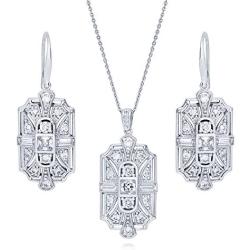 BERRICLE Rhodium Plated Sterling Silver Cubic Zirconia CZ Art Deco Milgrain Bridal Bridesmaid Fashion Necklace and Earrings Set