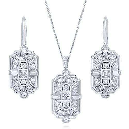 BERRICLE Rhodium Plated Sterling Silver Cubic Zirconia CZ Art Deco Milgrain Bridal Bridesmaid Fashion Necklace and Earrings Set