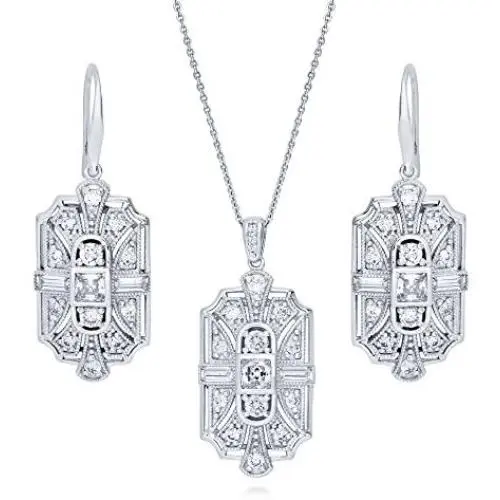 BERRICLE Rhodium Plated Sterling Silver Cubic Zirconia CZ Art Deco Milgrain Bridal Bridesmaid Fashion Necklace and Earrings Set BERRICLE Rhodium Plated Sterling Silver Cubic Zirconia CZ Art Deco Milgrain Bridal Bridesmaid Fashion Necklace and Earrings Set