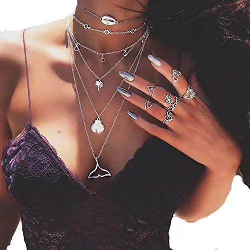 Cathercing Multilayer Boho Necklace for Women Moon Elephant Symbol 12 Constellation Pendant Choker Chain Girls Jewelry On Summer Beach Accessories (Shell Scallop Coconut Tree Beads Fish Tail) Cathercing Multilayer Boho Necklace for Women Moon Elephant Symbol 12 Constellation Pendant Choker Chain Girls Jewelry On Summer Beach Accessories (Shell Scallop Coconut Tree Beads Fish Tail)
