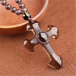 DUOVEKT Natural Ice Obsidian Cross Amulet Pendant Necklace for Women Men Hand Carved Stone Beads Chain Jewelry
