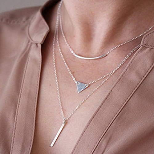 FXmimior Women Multilayer Pendant Triple Chain Necklace Long Silver Accessories (1)