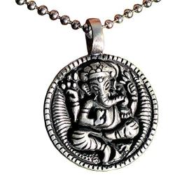 Hindu Jewelry Ganesha Ganapati Vinayaka Chaturthi Hinduism God Pewter Unisex Mens Pendant Necklace Protection Amulet Wealth Money Good Luck Lucky Charm Longevity Prosperity Talisman Silver Ball Chain