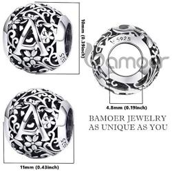 BAMOER 925 Sterling Silver Letter Retro Charms Openwork Alphabet Round Beads Fit Pandora Bracelet