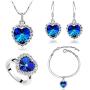 Titanic Heart of The Ocean Necklace Earrings Bracelet and Rings Jewelry Set, AILUOR Sterling Silver Blue Sapphire Crystal Necklace Pendants Wedding Prom Jewelry