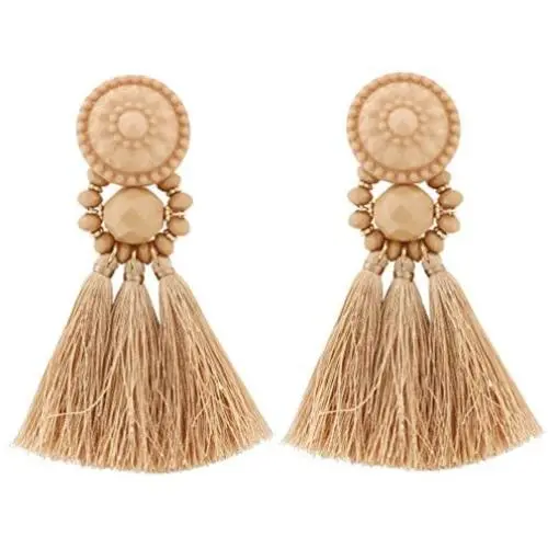 boderier Bohemian Statement Thread Tassel Chandelier Drop Dangle Earrings with Cassandra Button Stud