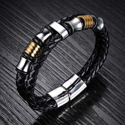 Feraco Men Leather Bracelet With Magnetic Clasp Double-Row Black Multilayer Leather Braided Cuff Wrap Wristbands , 8.66inch