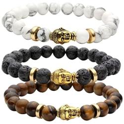 Jovivi 8MM Unisex Black Lava/Tiger Eye/Lapis/Turquoise Energy Stone Mala Beads Stretch Bracelets