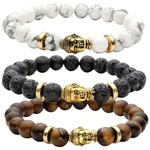 Jovivi 8MM Unisex Black Lava/Tiger Eye/Lapis/Turquoise Energy Stone Mala Beads Stretch Bracelets