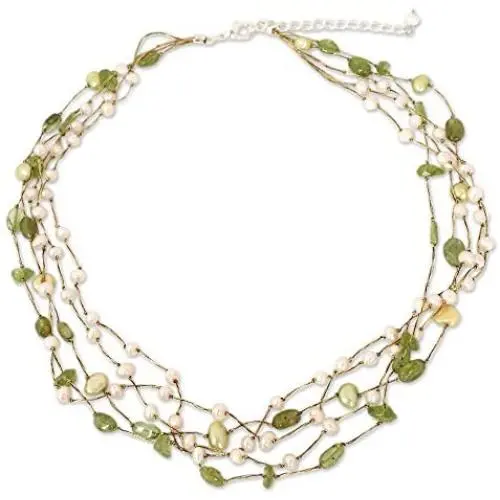 NOVICA Peridot Dyed Cultured Freshwater Pearl Beaded Necklace, 17.25'' with 2'' Extender, Cloud Forest NOVICA Peridot Dyed Cultured Freshwater Pearl Beaded Necklace, 17.25'' with 2'' Extender, Cloud Forest