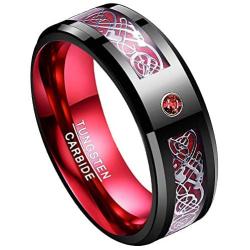 TUNGSTORY 8mm Tungsten Carbide Wedding Ring with Silver Celtic Dragon and Red Carbon Fiber Inlay Beveled Edge Comfort Fit Size 6-16