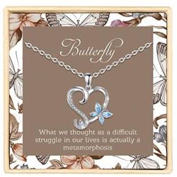LOVEON Sterling Silver Butterfly Necklace Heart Pendant with Cubic Zirconia Butterfly Jewelry Gifts for Women Girls Girlfriend, 18 Inches