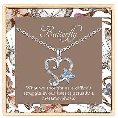 LOVEON Sterling Silver Butterfly Necklace Heart Pendant with Cubic Zirconia Butterfly Jewelry Gifts for Women Girls Girlfriend, 18 Inches