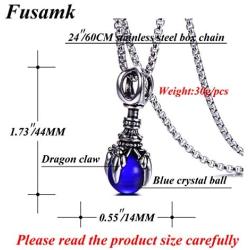 Fusamk Punk Rock Titanium Steel Dragon Claw Crystal Ball Pendant Necklace,24'' Link Chain