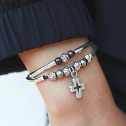 Lizzy James Faith 2 Strand Adjustable Black Leather Silver Plated Charm Bracelet w Silver Cross Charm