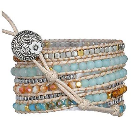 PLTGOOD Handmade 5 Wrap Leather Bead Bracelets for Women Men - Bohemian Variety Natural Crystal Lava Stone Mixed Beaded Strand Bracelet Bangle with Brazilian Agate Collection