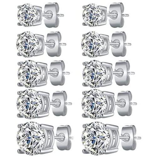 5 Pairs Cubic Zirconia Stud Earrings Set, Hypoallergenic CZ Diamond Stud Earrings 925 Sterling Silver Dainty Earrings for Women Girls