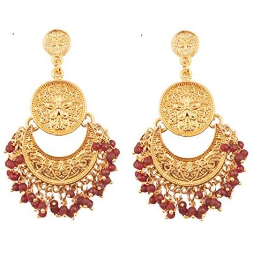Touchstone''Tribal Bohemian Chic'' Indian Bollywood pretty fringes and floral theme ethnic south Indian Chandbali Moon bridal designer jewelry chandelier earrings for women
