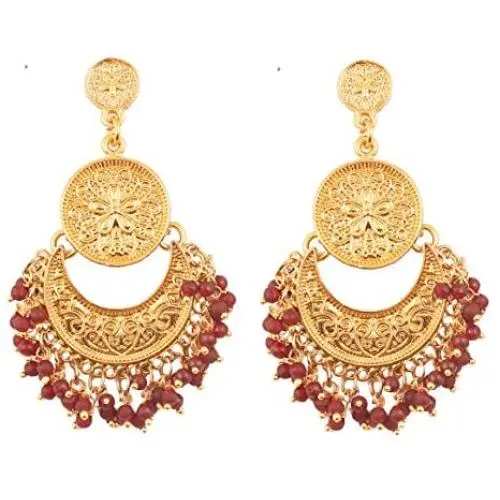 Touchstone''Tribal Bohemian Chic'' Indian Bollywood pretty fringes and floral theme ethnic south Indian Chandbali Moon bridal designer jewelry chandelier earrings for women Touchstone''Tribal Bohemian Chic'' Indian Bollywood pretty fringes and floral theme ethnic south Indian Chandbali Moon bridal designer jewelry chandelier earrings for women