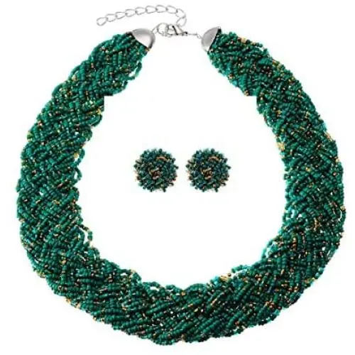 Mozhuo Green Beaded Statement Bib Necklace and Earring for Women Costume Jewelry Sets Chunky Choker Collar for Party Prom Mozhuo Green Beaded Statement Bib Necklace and Earring for Women Costume Jewelry Sets Chunky Choker Collar for Party Prom