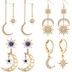 4 Pairs Exaggerated Moon Gold Earrings Sun Star Earrings Boho Earrings Moon Dangle Drop Earrings Retro Jewelry for Women Girls, Gold