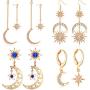 4 Pairs Exaggerated Moon Gold Earrings Sun Star Earrings Boho Earrings Moon Dangle Drop Earrings Retro Jewelry for Women Girls, Gold