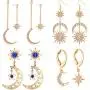 4 Pairs Exaggerated Moon Gold Earrings Sun Star Earrings Boho Earrings Moon Dangle Drop Earrings Retro Jewelry for Women Girls, Gold