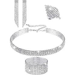 Hicarer Women Rhinestone Stretch Bracelet Bangle Crystal Rhinestone Necklace Ring Dangle Fringe Earrings