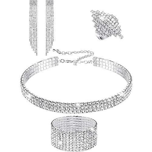 Hicarer Women Rhinestone Stretch Bracelet Bangle Crystal Rhinestone Necklace Ring Dangle Fringe Earrings
