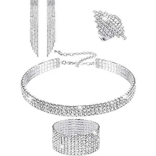 Hicarer Women Rhinestone Stretch Bracelet Bangle Crystal Rhinestone Necklace Ring Dangle Fringe Earrings Hicarer Women Rhinestone Stretch Bracelet Bangle Crystal Rhinestone Necklace Ring Dangle Fringe Earrings