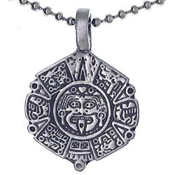 Tribal Jewelry Maya Mayan Calendar Aztec Inca Alaskan Native American Indian Mexican Peruvian Pewter Mens Pendant Necklace Good Luck Charm Protection Amulet for men unisex w Silver Ball Chain