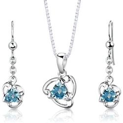 Swiss Blue Topaz Pendant Earrings Necklace Set Sterling Silver 2.50 Carats