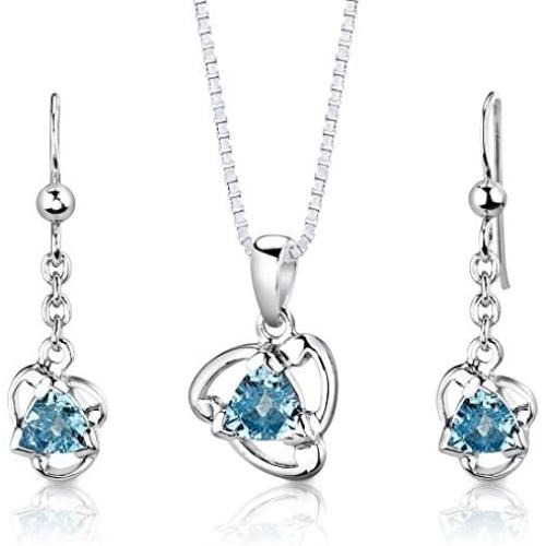 Swiss Blue Topaz Pendant Earrings Necklace Set Sterling Silver 2.50 Carats