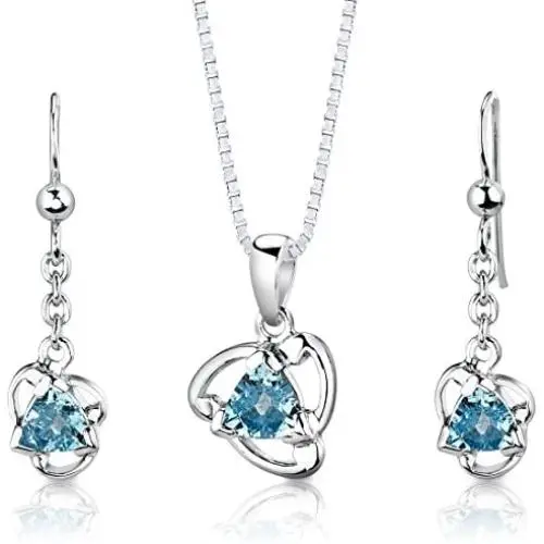 Swiss Blue Topaz Pendant Earrings Necklace Set Sterling Silver 2.50 Carats Swiss Blue Topaz Pendant Earrings Necklace Set Sterling Silver 2.50 Carats