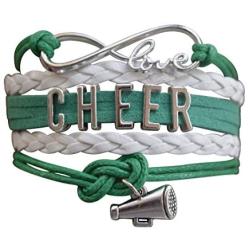 Cheer Charm Bracelet- Green Infinity Love Adjustable Cheerleading Jewelry in Team Colors for Cheerleader