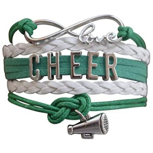 Cheer Charm Bracelet- Green Infinity Love Adjustable Cheerleading Jewelry in Team Colors for Cheerleader