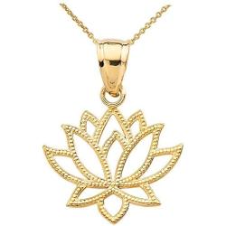 High Polish 10k Yellow Gold Open Design Lotus Flower Pendant Necklace
