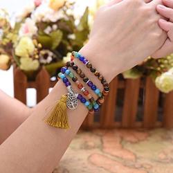 Top Plaza 7 Chakra Mala Prayer Beads 108 Meditation Healing Multilayer Bracelet/Necklace W/Tree of Life Tassel Charm