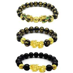 Feng Shui Black Obsidian Wealth Bracelet, 3 Pcs Good Luck Pi Xiu Bracelets for Women Men Attract Health Wealth Money Feng Shui Jewelry