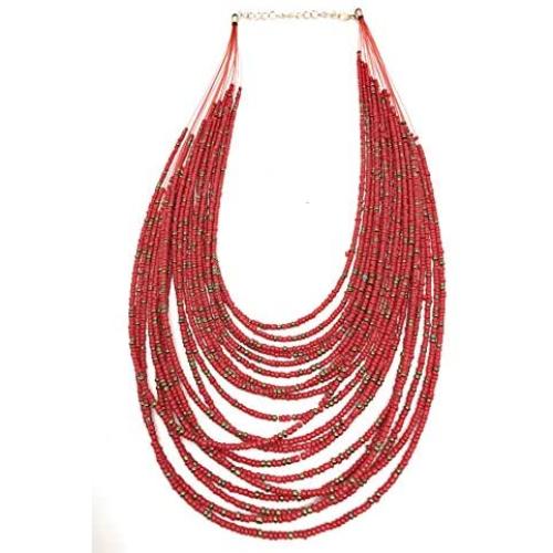 Necklace / 20 Layers Bib Statement Collar Glass Beaded Choker Necklace Fashion Jewelry For Women (Red)