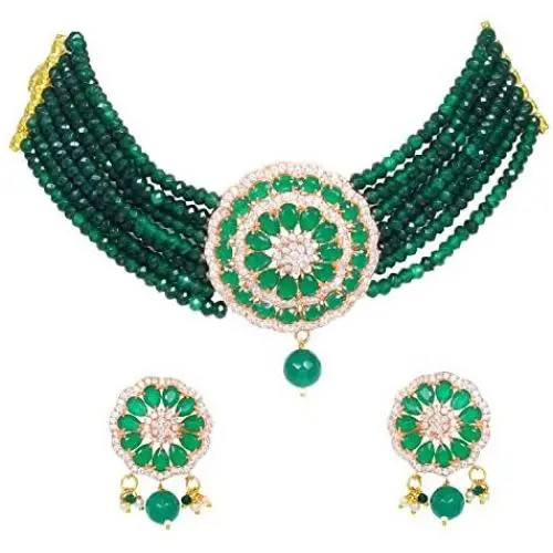 Sukh Collection Jewellery Crystal Elements CZ Stone Floral Shape Indian Bollywood Traditional Necklace Set for Women Wedding Sukh Collection Jewellery Crystal Elements CZ Stone Floral Shape Indian Bollywood Traditional Necklace Set for Women Wedding