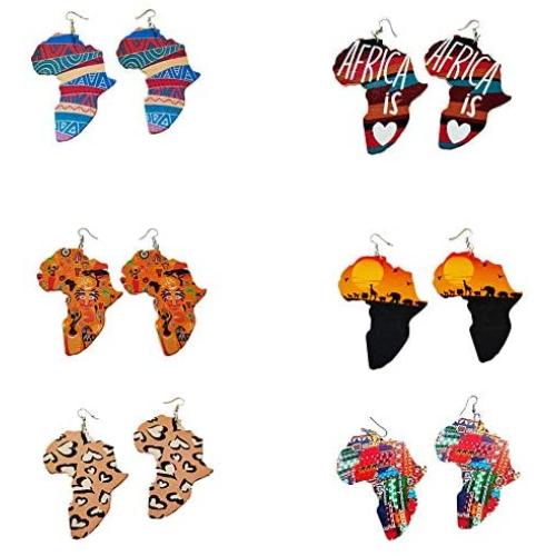 6-8Pairs Ethnic Style Geometric African Map Print Woody Earrings Personality Letter Queen Painted Dangle for Women Girls Fashion Jewelry