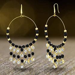 Steve Madden Yellow Gold Tone And Black Beaded Front Hoop Dangle Earrings For Women, one size (SME517555GD)