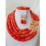 laanc Highly Necklace Jewelry Sets Natural Coral 4 Rows Orange-Gold Nigerian Women African Beads A-039D